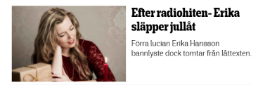 Artikel i Sydösgtran Efter radiohiten-Erika släpper jullåt