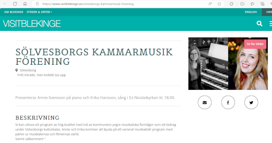 Affich Sölvesborgs kammarmusik föreings konsert med Erika Hansson och
				Annie Svensson